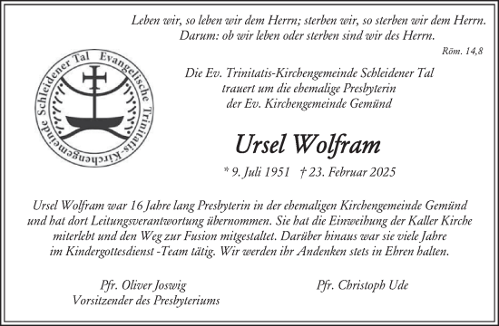Traueranzeige von Ursel Wolfram von WochenSpiegel