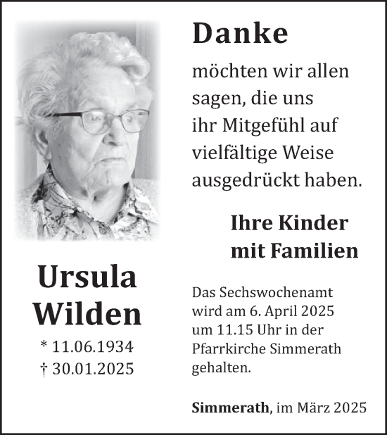 Traueranzeige von Ursula Wilden von WochenSpiegel