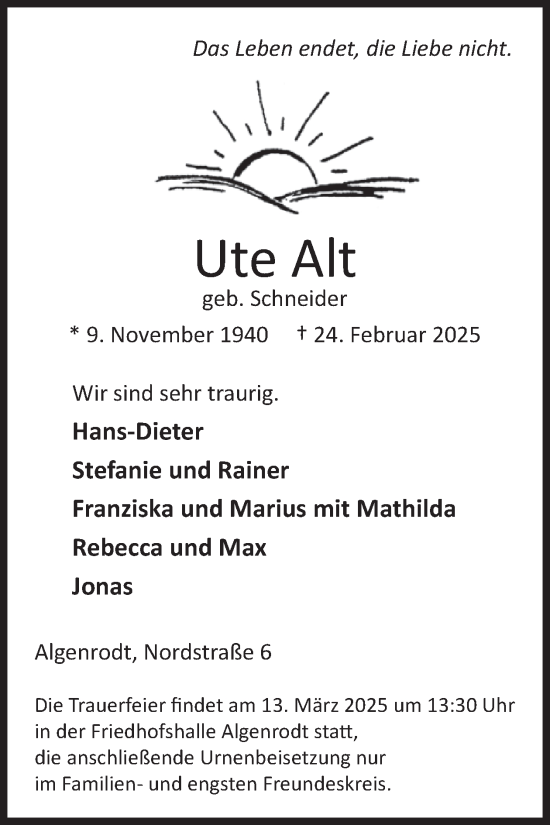 Traueranzeige von Ute Alt von WochenSpiegel