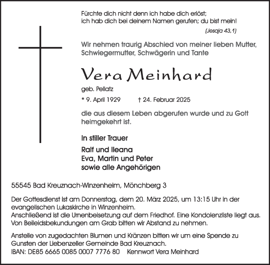 Traueranzeige von Vera Meinhard von WochenSpiegel