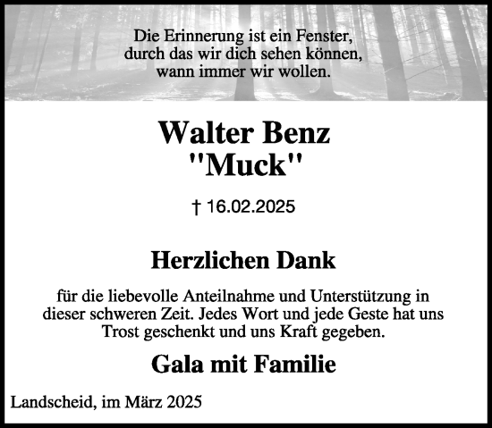 Traueranzeige von Walter Benz von WochenSpiegel