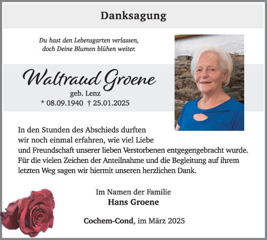 Traueranzeige von Waltraud Groene von WochenSpiegel