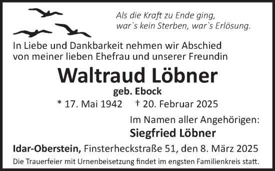 Traueranzeige von Waltraud Löbner von WochenSpiegel