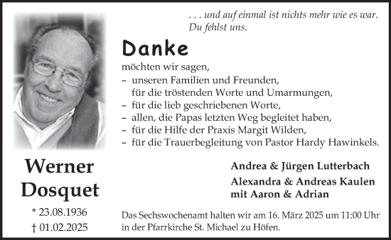 Traueranzeige von Werner Dosquet von WochenSpiegel