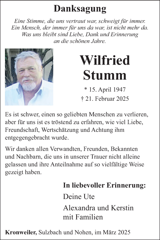 Traueranzeige von Wilfried Stumm von WochenSpiegel