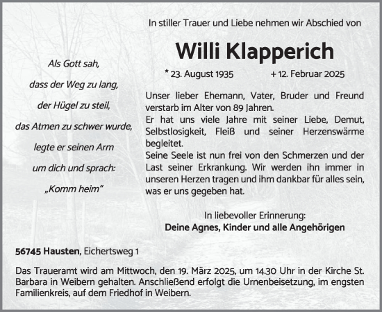 Traueranzeige von Willi Klapperich von WochenSpiegel