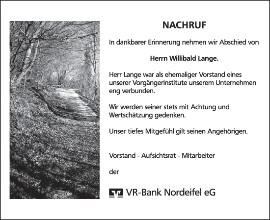 Traueranzeige von Willibald Lange von WochenSpiegel