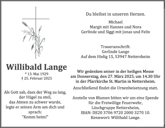 Traueranzeige von Willibald Lange von WochenSpiegel