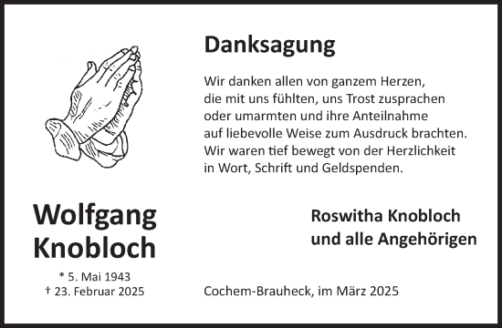 Traueranzeige von Wolfgang Knobloch von WochenSpiegel