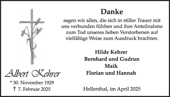 Traueranzeige von Albert Kehrer von WochenSpiegel