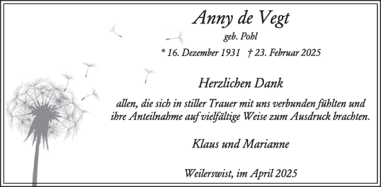 Traueranzeige von Anny de Vegt von WochenSpiegel