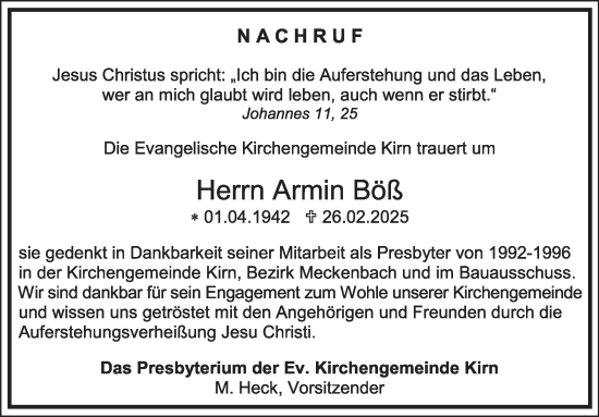 Traueranzeige von Armin Böß von WochenSpiegel