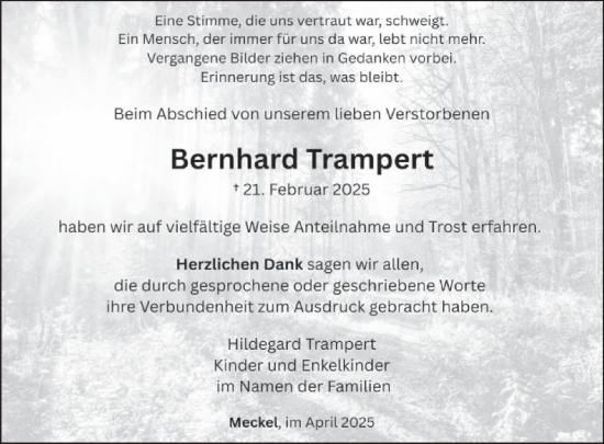 Traueranzeige von Bernhard Trampert von WochenSpiegel
