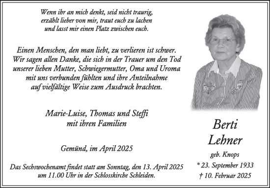 Traueranzeige von Berti Lehner von WochenSpiegel