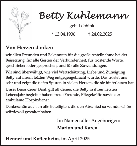 Traueranzeige von Betty Kuhlemann von WochenSpiegel