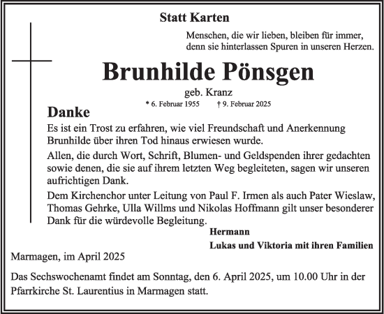 Traueranzeige von Brunhilde Pönsgen von WochenSpiegel
