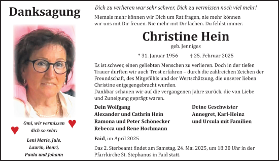 Traueranzeige von Christine Hein von WochenSpiegel