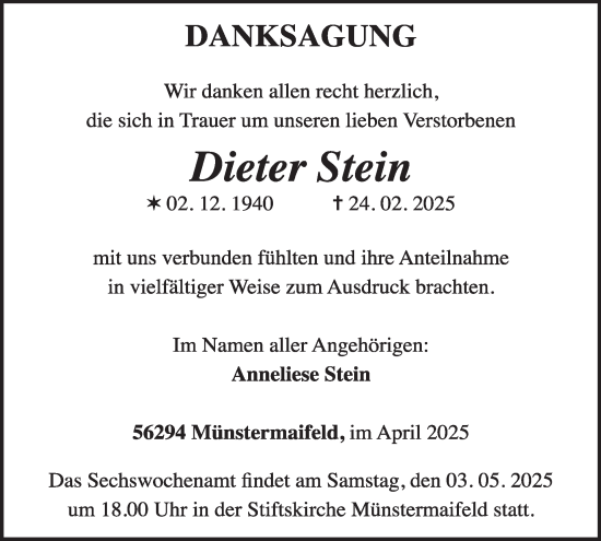 Traueranzeige von Dieter Stein von WochenSpiegel