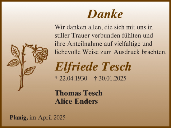 Traueranzeige von Elfriede Tesch von WochenSpiegel