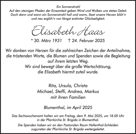 Traueranzeige von Elisabeth Haas von WochenSpiegel