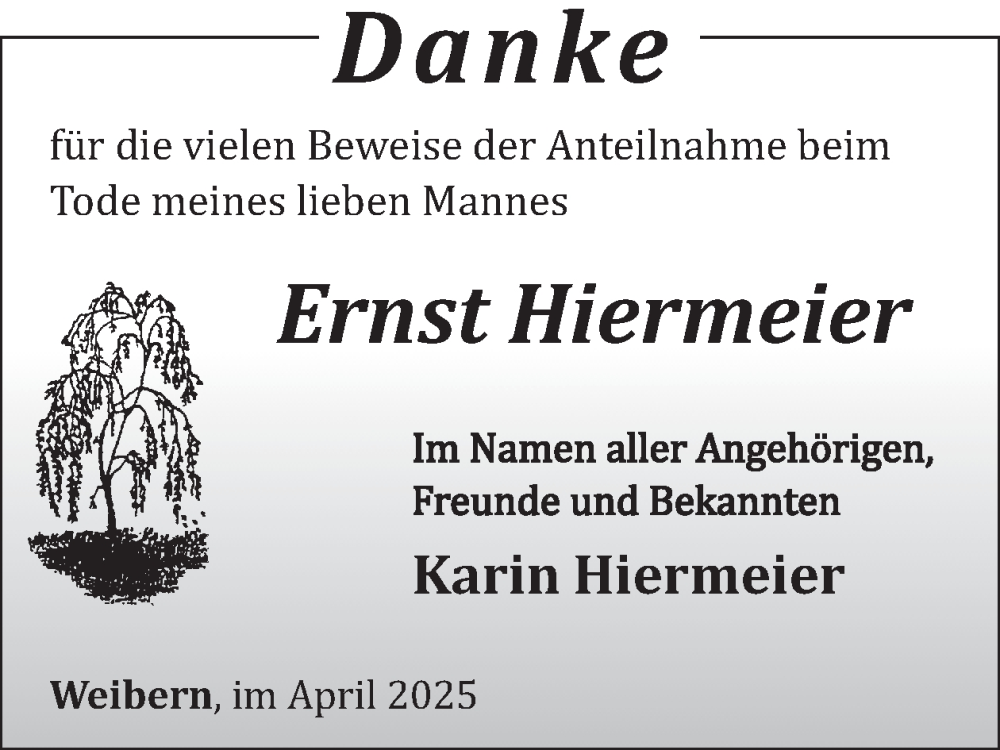  Traueranzeige für Ernst Hiermeier vom 02.04.2025 aus WochenSpiegel