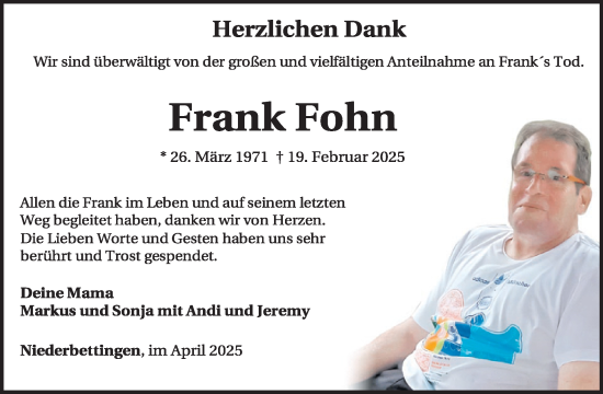 Traueranzeige von Frank Fohn von WochenSpiegel