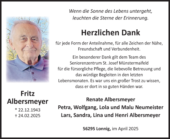 Traueranzeige von Fritz Albersmeyer von WochenSpiegel