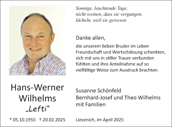 Traueranzeige von Hans-Werner Wilhelms von WochenSpiegel