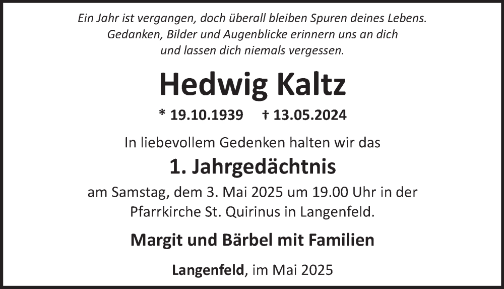  Traueranzeige für Hedwig Kaltz vom 30.04.2025 aus WochenSpiegel