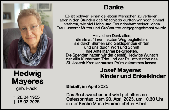 Traueranzeige von Hedwig Mayeres von WochenSpiegel