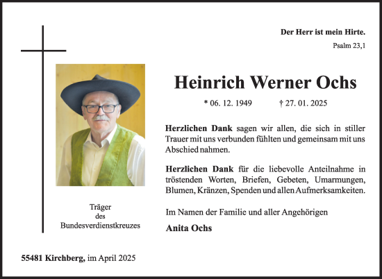 Traueranzeige von Heinrich Werner Ochs von WochenSpiegel