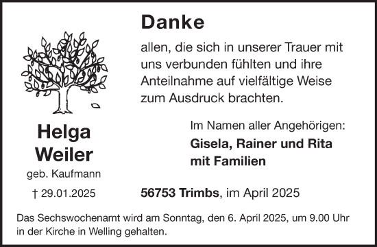 Traueranzeige von Helga Weiler von WochenSpiegel