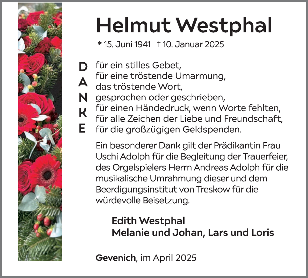  Traueranzeige für Helmut Westphal vom 30.04.2025 aus WochenSpiegel