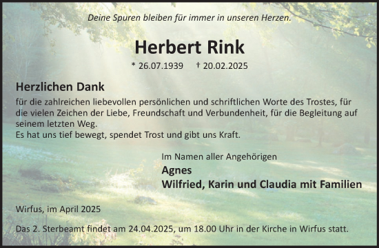 Traueranzeige von Herbert Rink von WochenSpiegel