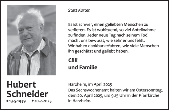Traueranzeige von Hubert Schneider von WochenSpiegel