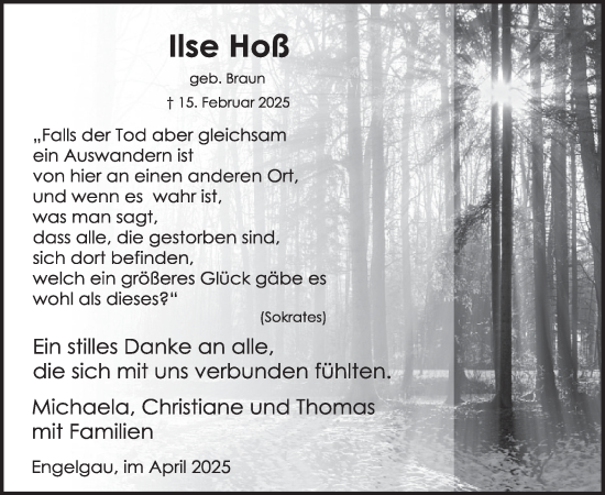 Traueranzeige von Ilse Hoß von WochenSpiegel