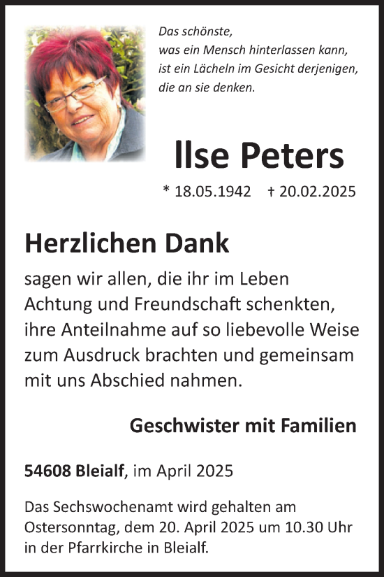 Traueranzeige von Ilse Peters von WochenSpiegel