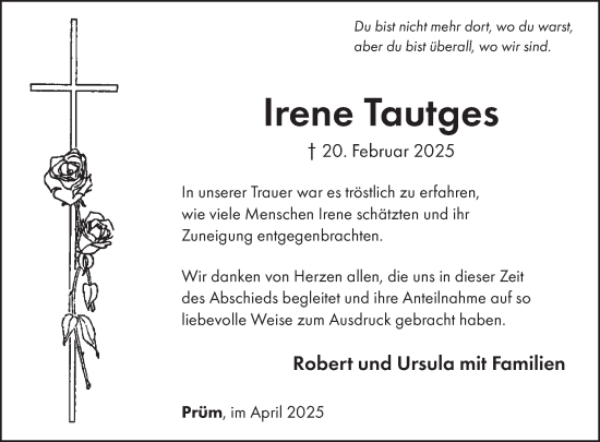 Traueranzeige von Irene Tautges von WochenSpiegel
