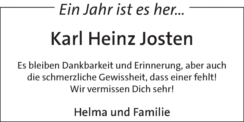  Traueranzeige für Karl Heinz Josten vom 16.04.2025 aus WochenSpiegel