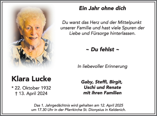 Traueranzeige von Klara Lucke von WochenSpiegel