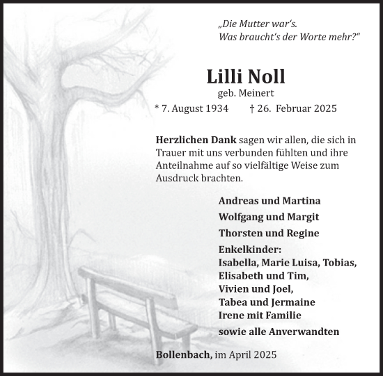 Traueranzeige von Lilli Noll von WochenSpiegel
