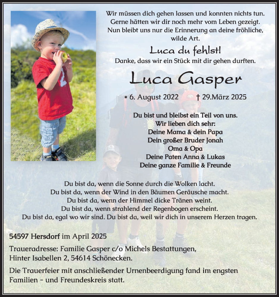  Traueranzeige für Luca Gasper vom 11.04.2025 aus WochenSpiegel