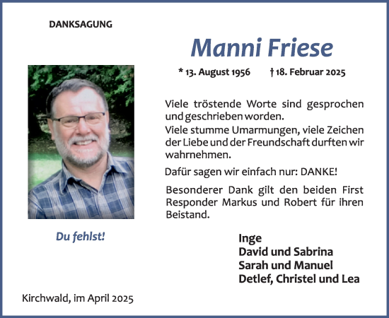Traueranzeige von Manni Friese von WochenSpiegel
