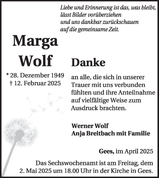 Traueranzeige von Marga Wolf von WochenSpiegel