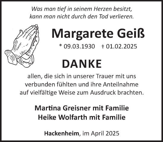 Traueranzeige von Margarete Geiß von WochenSpiegel