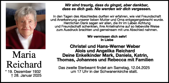 Traueranzeige von Maria Reichard von WochenSpiegel