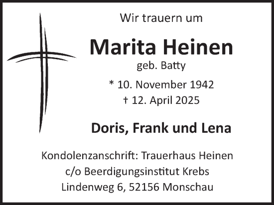 Traueranzeige von Marita Heinen von WochenSpiegel
