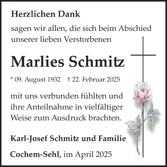 Traueranzeige von Marlies Schmitz von WochenSpiegel