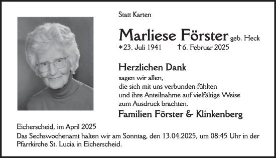 Traueranzeige von Marliese Förster von WochenSpiegel