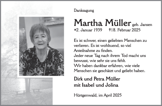Traueranzeige von Martha Müller von WochenSpiegel